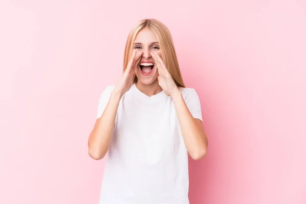 Young Blonde Woman Pink Background Shouting Excited Front — Stockfoto