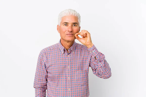 Senior Caucasian Man Isolated Fingers Lips Keeping Secret — Stock Photo, Image