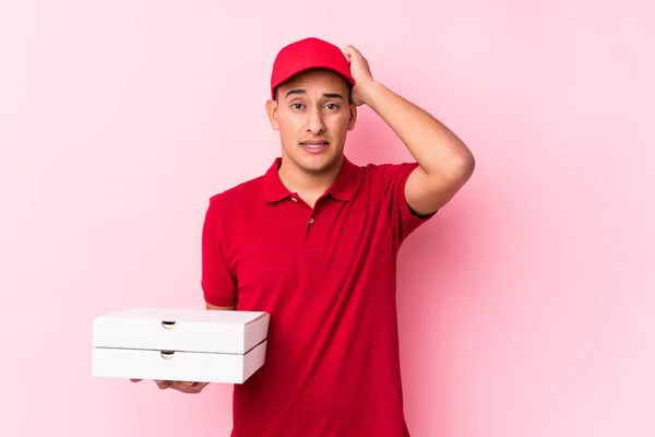 Ung Pizza Leverans Latin Man Isolerade Blir Chockad Hon Har — Stockfoto