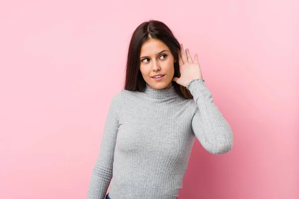 Young Cute Woman Trying Listening Gossip — Stock Photo, Image