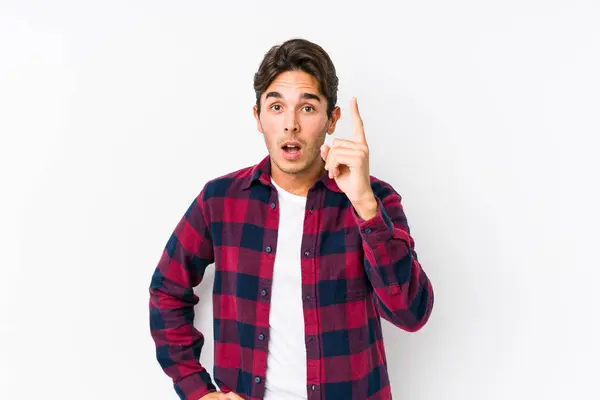 Young Caucasian Man Posing Pink Background Isolated Having Idea Inspiration — Stock Photo, Image