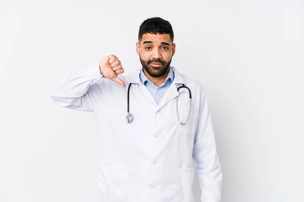 Young Arabian Doctor Man Isolated Showing Dislike Gesture Thumbs Disagreement — 스톡 사진