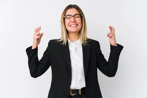 Young Business Caucasian Woman Crossing Fingers Having Luck — Stock Photo, Image