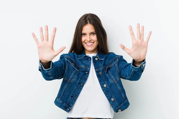 Jovem Mulher Bonito Mostrando Número Dez Com Mãos — Fotografia de Stock