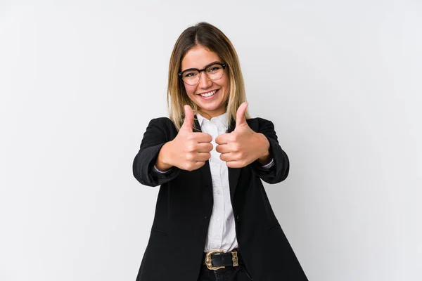 Young Business Caucasian Woman Thumbs Ups Cheers Something Support Respect — Stock Photo, Image