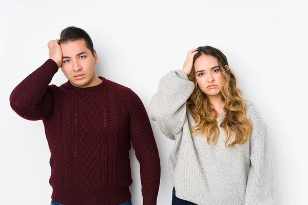 Young Couple Posing White Background Tired Very Sleepy Keeping Hand — 스톡 사진