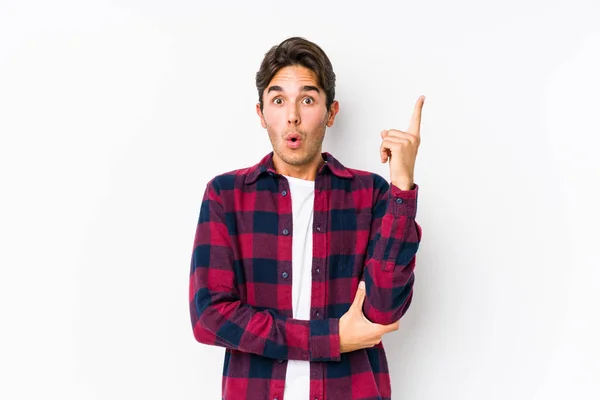 Young Caucasian Man Posing Pink Background Isolated Having Some Great — Stock Photo, Image