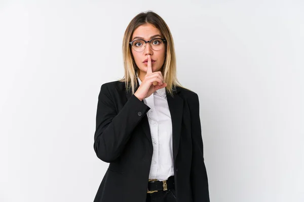 Young Business Caucasian Woman Keeping Secret Asking Silence — Stock Photo, Image