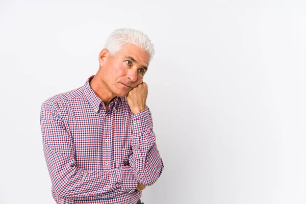 Senior Caucasian Man Isolated Who Feels Sad Pensive Looking Copy — Stock Photo, Image