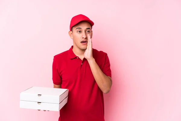 Young Pizza Delivery Latin Man Isolated Saying Secret Hot Braking — ストック写真