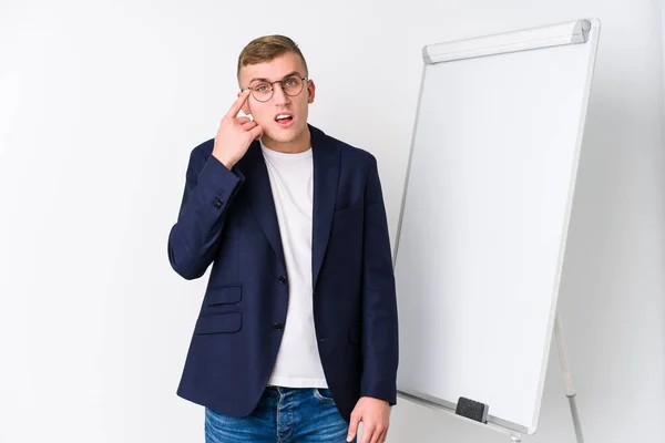 Young Coaching Man Showing White Board Showing Disappointment Gesture Forefinger — Stock Photo, Image