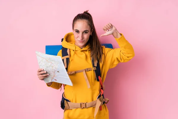 Young Traveler Caucasian Woman Isolated Feels Proud Self Confident Example — Stock Photo, Image