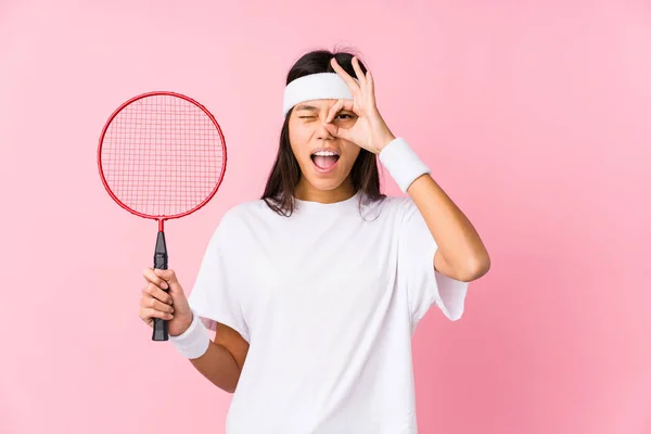 Young Chinese Woman Playing Badminton Pink Background Excited Keeping Gesture — ストック写真
