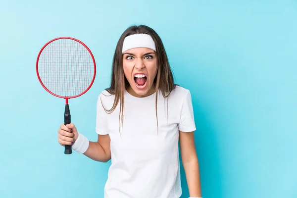 Badminton Oynayan Beyaz Bir Kadın Yalnız Başına Bağırıyor Çok Sinirli — Stok fotoğraf