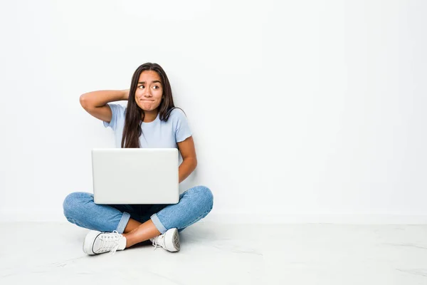 Young Mixed Race Indian Woman Sitting Working Laptop Touching Back — ストック写真