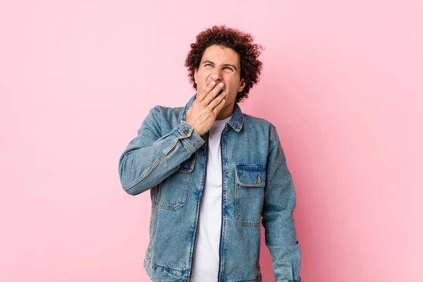 Curly Mature Man Wearing Denim Jacket Pink Background Yawning Showing — 스톡 사진