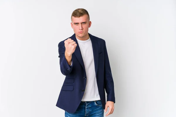Young Business Caucasian Man Showing Fist Camera Aggressive Facial Expression — 스톡 사진