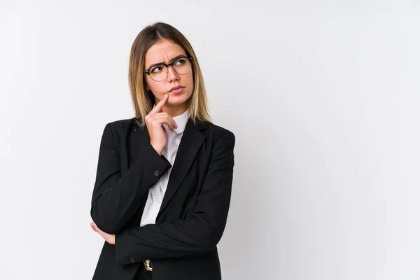 Young Business Caucasian Woman Looking Sideways Doubtful Skeptical Expression — Stock Photo, Image
