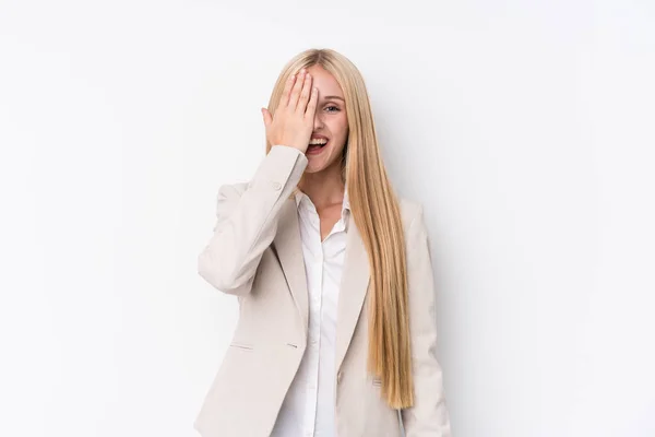 Young Business Blonde Woman White Background Having Fun Covering Half — 스톡 사진