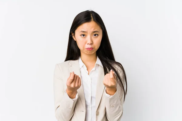 Young Chinese Business Woman Isolated Showing She Has Money — Stok fotoğraf