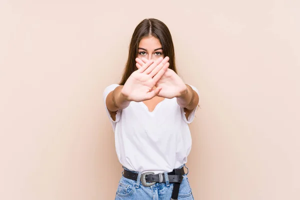 Young Caucasian Woman Posing Isolated Doing Denial Gesture — Stock Photo, Image