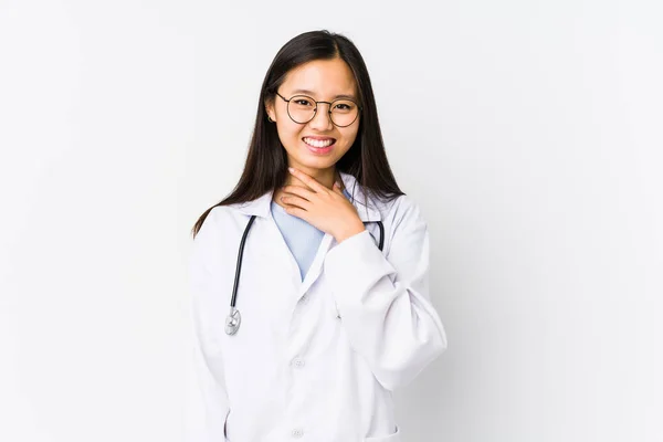 Young Doctor Chinese Woman Isolated Laughs Out Loudly Keeping Hand — 스톡 사진