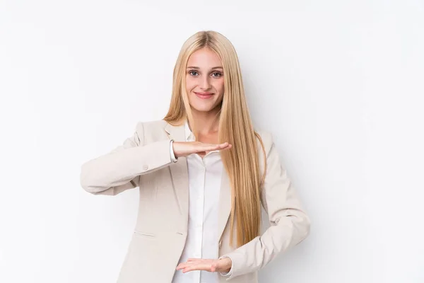 Young Business Blonde Woman White Background Holding Something Both Hands — 스톡 사진