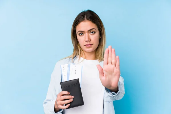Young Caucasian Woman Holding Passport Isolated Standing Outstretched Hand Showing — Stock Photo, Image