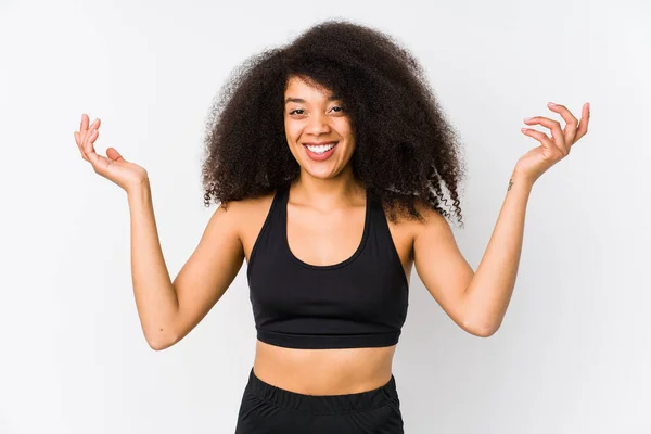 Young African American Sporty Woman Receiving Pleasant Surprise Excited Raising — Stock Photo, Image