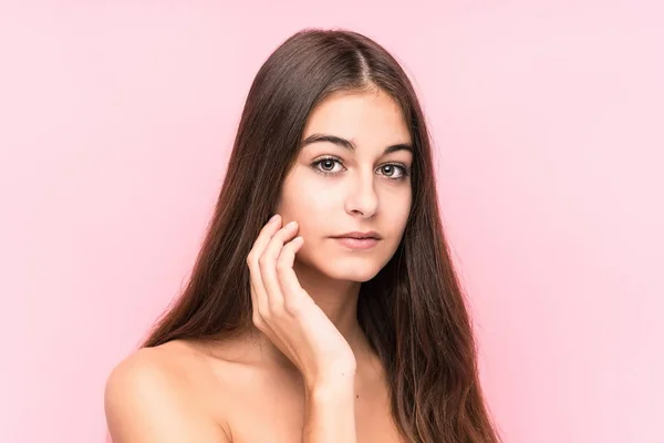 Young Beauty Caucasian Woman Pink Background — Stock Photo, Image