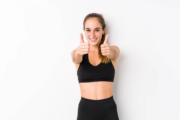 Young Caucasian Fitness Woman Posing White Background Thumbs Ups Cheers — Stock Photo, Image