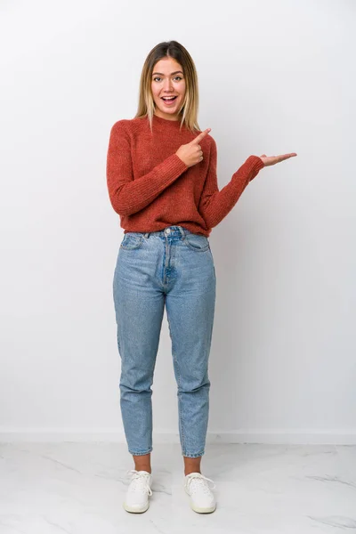 Full Body Young Caucasian Woman Excited Holding Copy Space Palm — Stock Photo, Image