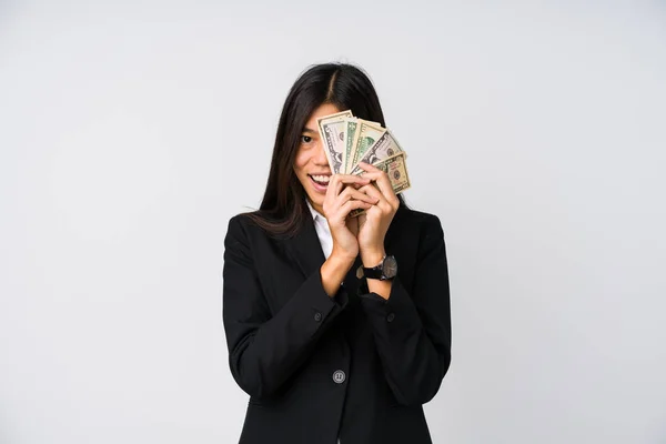 Young Chinese Business Woman Holding Money Isolated — Stock Photo, Image