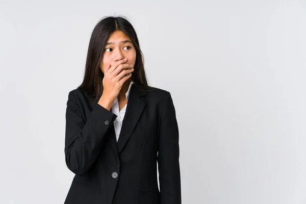 Young Asian Business Woman Thoughtful Looking Copy Space Covering Mouth — ストック写真