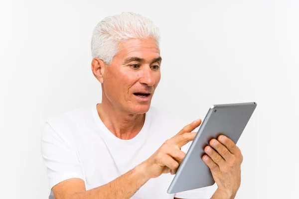 Mature Caucasian Man Holding Tablet — Stock Photo, Image