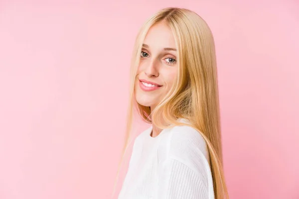 Young Blonde Woman Face Closeup Isolated Pink Background — Stock Photo, Image
