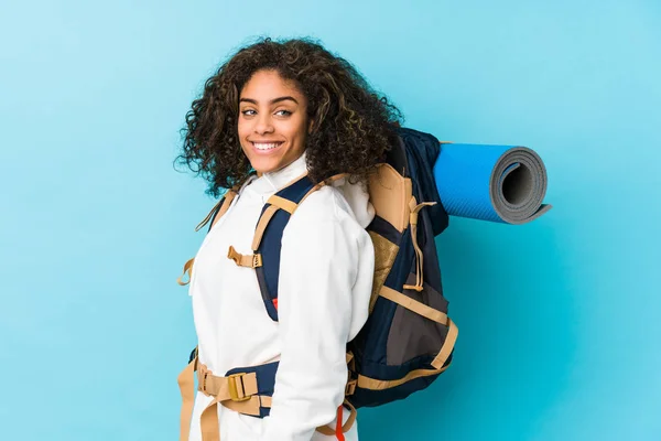 Young African American Backpacker Woman Looks Aside Smiling Cheerful Pleasant — 스톡 사진