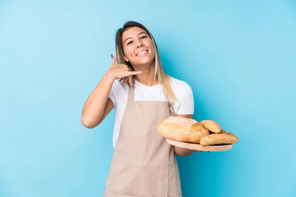 Young Caucasian Baker Woman Isolated Showing Mobile Phone Call Gesture — 스톡 사진