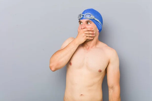 Young Professional Swimmer Man Thoughtful Looking Copy Space Covering Mouth — Stock Photo, Image