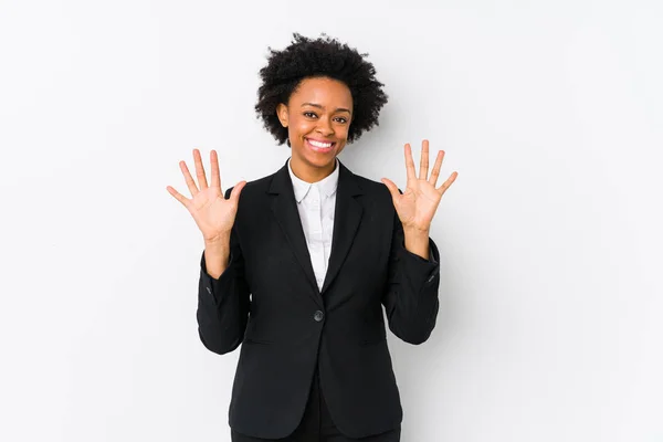 Μεσήλικας Αφροαμερικανίδα Επιχειρηματίας Λευκό Φόντο Απομονωμένη Νούμερο Δέκα Χέρια — Φωτογραφία Αρχείου