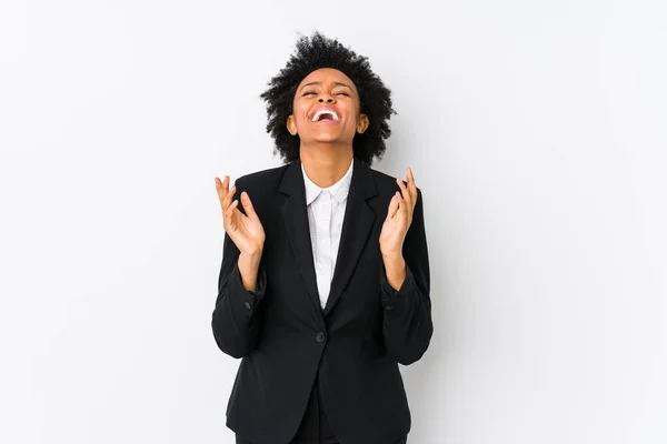 Mujer Mediana Edad Afroamericana Negocios Contra Fondo Blanco Aislado Alegre — Foto de Stock