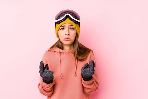 Young Caucasian Woman Wearing Ski Clothes Isolated Showing She Has — 스톡 사진