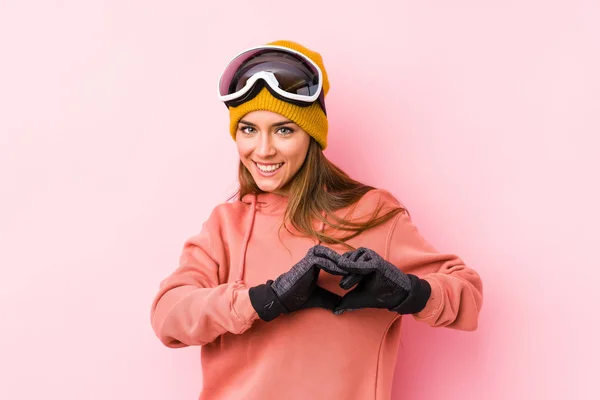 Giovane Donna Caucasica Indossa Abito Sci Isolato Sorridente Mostrando Una — Foto Stock