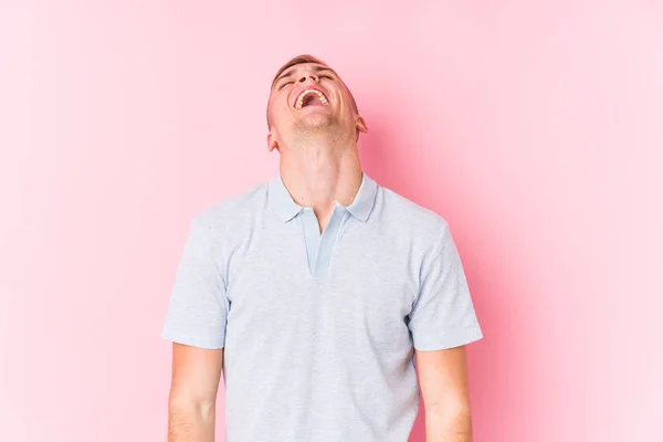 Young Caucasian Man Isolated Relaxed Happy Laughing Neck Stretched Showing — Stock Photo, Image