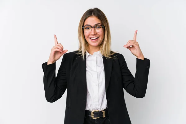 Young Business Caucasian Woman Indicates Both Fore Fingers Showing Blank — Stock Photo, Image