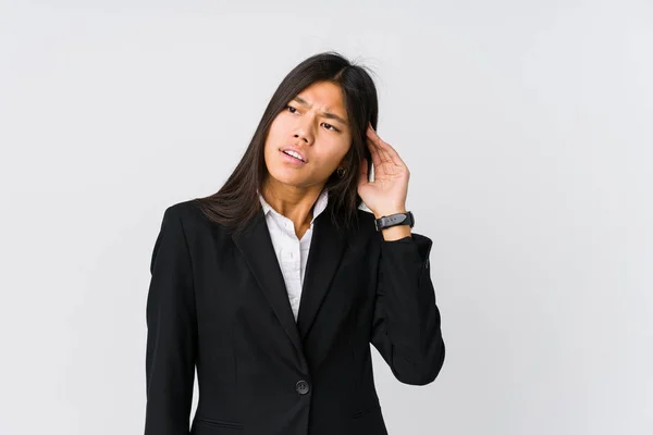 Junge Asiatische Geschäftsfrau Versucht Hören Ein Klatsch — Stockfoto