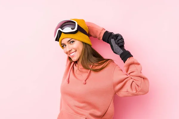 Young Caucasian Woman Wearing Ski Clothes Isolated Stretching Arms Relaxed — 스톡 사진
