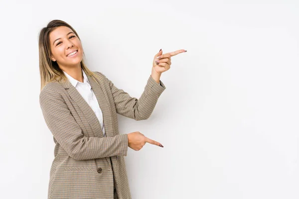 Young Caucasian Business Woman Isolated Excited Pointing Forefingers Away — 스톡 사진