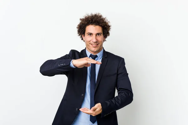 Young Business Curly Man White Background Holding Something Both Hands — 스톡 사진