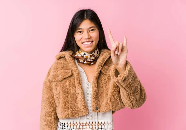 Young Asian Woman Showing Horns Gesture Revolution Concept — 스톡 사진